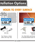 Installation options for Heavy Duty Video Surveillance Sign 4 Pack 7x10 Inch Reflective Aluminum with zip ties, screws, and foam tape.