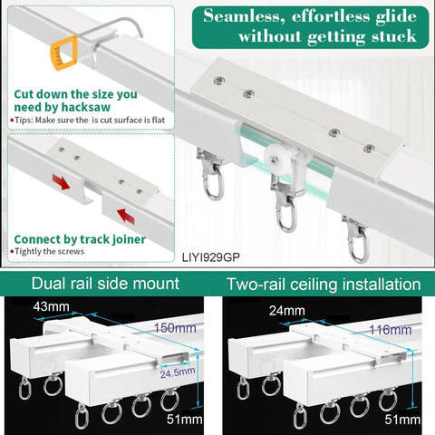Heavy Duty Ceiling Track System For Bay Windows With Corner Connectors And Roller Glides, dual rail installation.