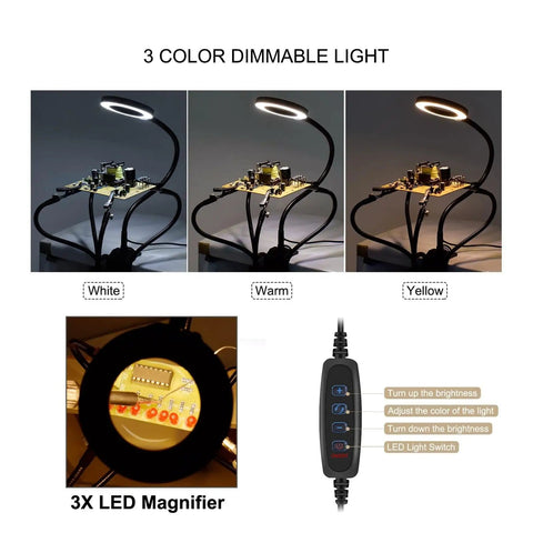 Third Hand Desk Clip Soldering PCB Holder Tool With 3X LED Magnifier showing dimmable light colors White, Warm, Yellow.