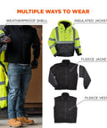 Hi Vis Reflective Winter Bomber Jacket With Zip Out Fleece Liner, Black Bottom, ANSI Compliant, multiple configurations shown