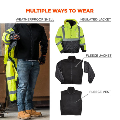 Hi Vis Reflective Winter Bomber Jacket With Zip Out Fleece Liner, Black Bottom, ANSI Compliant, multiple configurations shown