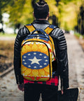 American Sunflower Flag Printed Unisex Backpack with large capacity and padded straps worn by person outdoors