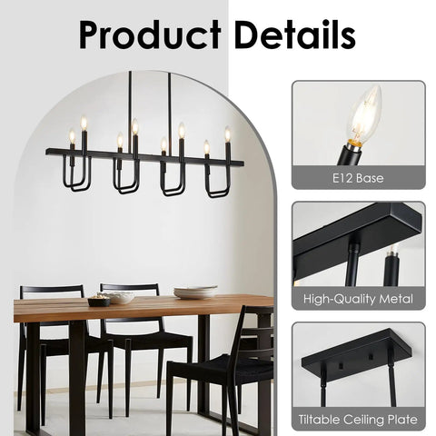 8 Light Black Rectangular Farmhouse Chandelier For Dining Room And Kitchen Island Modern Linear Pendant Light Over Table