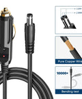 Kickstart Your Road Trips With This 6.5Ft DC Power Cord Featuring A Snug 5.5X2.1Mm Cigarette Lighter Plug For 12V To 24V Vehicles, showing detailed connectors.