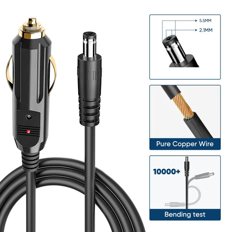 Kickstart Your Road Trips With This 6.5Ft DC Power Cord Featuring A Snug 5.5X2.1Mm Cigarette Lighter Plug For 12V To 24V Vehicles, showing detailed connectors.