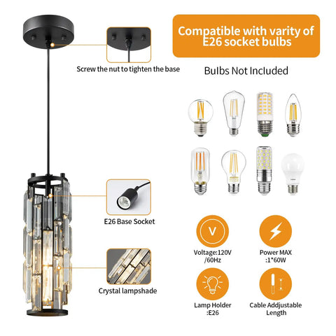 Dope Black Modern Crystal Pendant Light For Kitchen Island With Adjustable Height, K9 Crystal Beads, E27 Base, Sleek Hanging Fixture For Dining Room Bar And Bedroom 1 Pack That Pops In Any Space