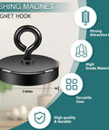 Front view of black 2-inch fishing magnet with curved eyebolt on circular base.