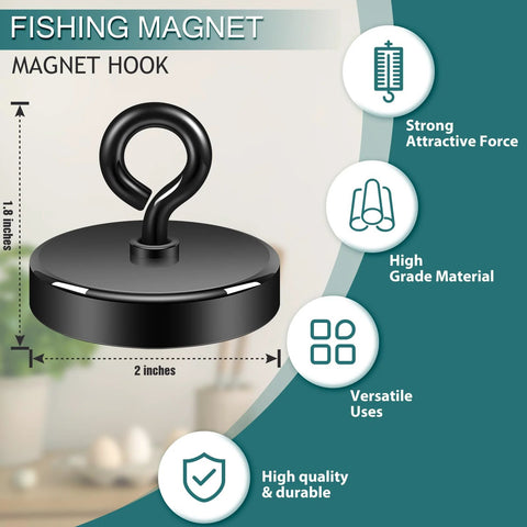 Front view of black 2-inch fishing magnet with curved eyebolt on circular base.