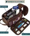 Men's Travel Toiletry Bag With Hella Roomy Compartments, Badass PU Leather Dopp Kit, Water Resistant Grooming Organizer Case For Shaving Essentials And Hygiene Gear In Dark Brown, showing large inner compartment with products.