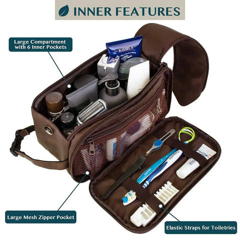 Men's Travel Toiletry Bag With Hella Roomy Compartments, Badass PU Leather Dopp Kit, Water Resistant Grooming Organizer Case For Shaving Essentials And Hygiene Gear In Dark Brown, showing large inner compartment with products.