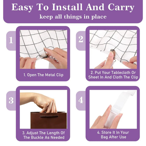 Step-by-step instructions for using 5 Pack Adjustable Elastic Tablecloth Clips With Covert Straps No Tools Needed Universal Fit Holders
