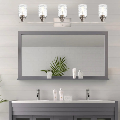 5-Light Black Vanity Light Over Mirror, Contemporary Industrial Wall Lamp With Clear Hammered Glass Shades, Modern Bathroom Fixture