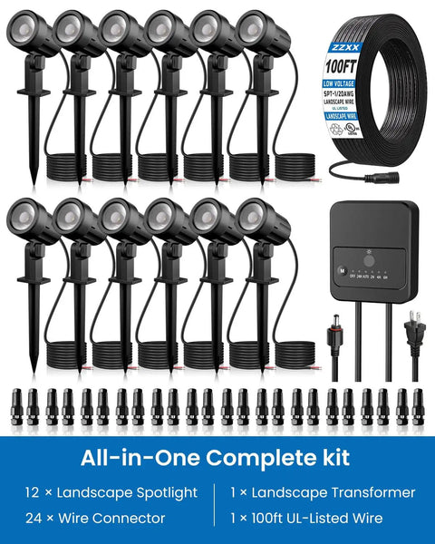 Low Voltage Landscape Lighting Kit With 12 Led Spotlights, 100 Ft Wire, Transformer And 24 Connectors, 2700K Warm Waterproof