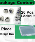 Heavy Duty Pro Grade Nylon Inserted M8 Hex Lock Nuts Self Locking 1.25 Pitch 304 Stainless Steel with 13mm Hex M8x1.25 Right Hand Threads 20 Pack in Plastic Storage Box