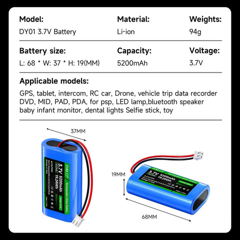 Two Pack 5200mAh 3.7V Lithium Ion Battery With JST PH 2.54mm Plug 1S2P Rechargeable Li Ion Battery Pack dimensions and specifications