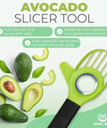 Avocado slicer tool, green handle with stainless ring; Owlari branding visible.