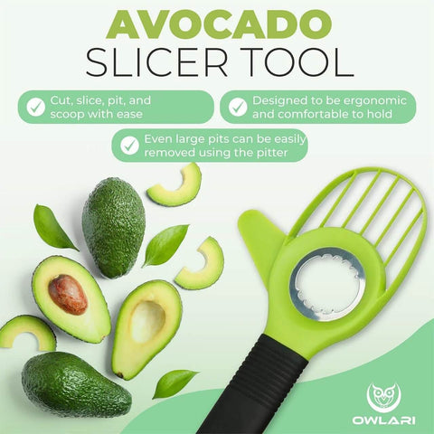 Avocado slicer tool, green handle with stainless ring; Owlari branding visible.