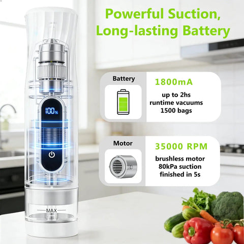 Compact Handheld Vacuum Sealer For Food Storage With 80kPa Suction 1800mAh Battery on kitchen counter with vegetables.