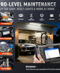 NT510 Pro OBD2 Scanner For Porsche Two In One Diagnostic Tool And 12 Volt Battery Tester shown with Porsche car in garage