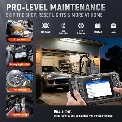 NT510 Pro OBD2 Scanner For Porsche Two In One Diagnostic Tool And 12 Volt Battery Tester shown with Porsche car in garage