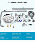 Complete parts of the Polished Chrome 8 Inch Rainfall Shower Head Set With Wall Mount Faucet And Handheld Spray, laid out.