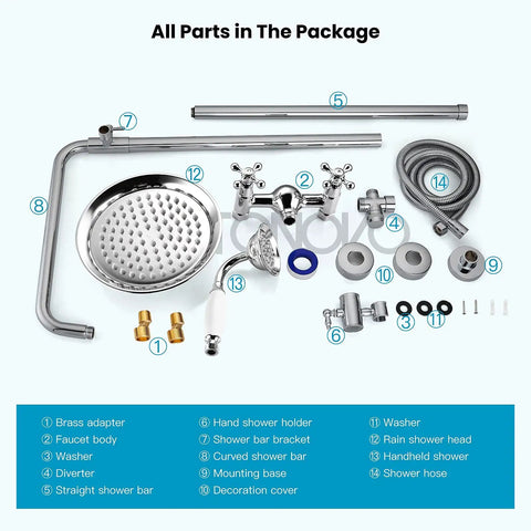 Complete parts of the Polished Chrome 8 Inch Rainfall Shower Head Set With Wall Mount Faucet And Handheld Spray, laid out.