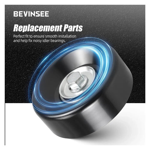 Heavy-Duty LS Drive Serpentine Belt Idler Pulley For 4.8 5.3 6.0 6.2L Chevy Silverado GMC Sierra shows a black pulley with bolt.