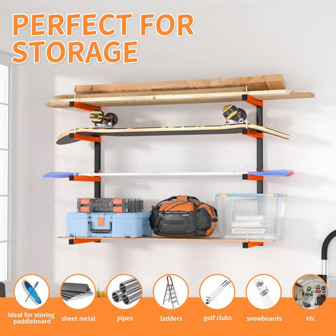 Hella Strong Wall Mount Lumber Rack With Eight Adjustable Levels Holding 1040 Lbs For Stacked Boards Inside Your Garage Workshop Or Home Basement Storage Rack