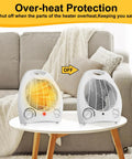 2 Pack 1500W Small Space Heaters, Portable Desk Heaters with Overheat Protection on a table in a living room