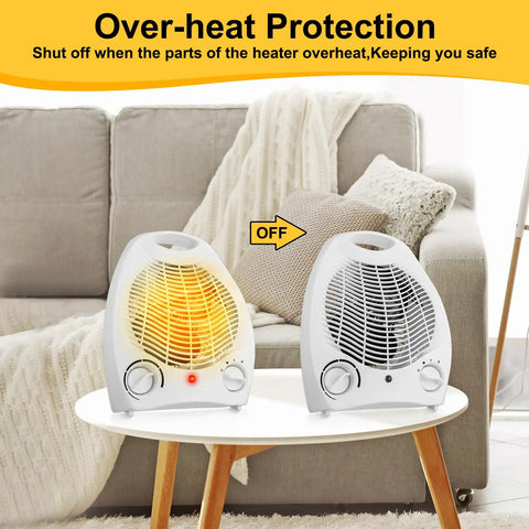 2 Pack 1500W Small Space Heaters, Portable Desk Heaters with Overheat Protection on a table in a living room