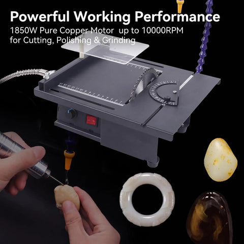 Jade Carving Machine 1850W Table Saw Polisher, 10000RPM Bench Grinder with tools, used for cutting and polishing stones.