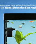 Mini Submersible Water Pump For Small Pet Fountains And Aquariums in a fish tank, side view with green plants and colorful fish