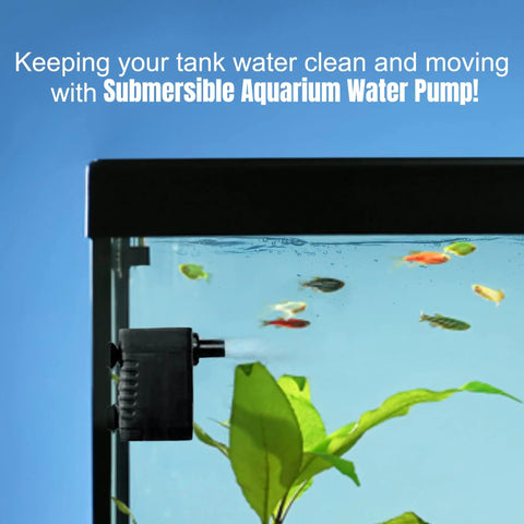 Mini Submersible Water Pump For Small Pet Fountains And Aquariums in a fish tank, side view with green plants and colorful fish