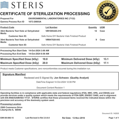 Certificate of sterilization processing for DIY Water Bacteria Test Kit For Home Use With Fast 6 Hour Results, EPA certified.