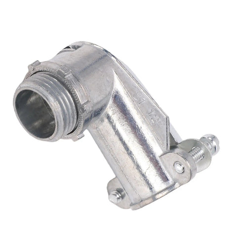 The Real Deal 1/2 Flexible Metal Conduit 90 Degree Squeeze Elbow Connector Die Cast Zinc Alloy for electrical installations.