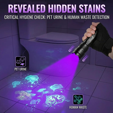 Ultra Bright UV Blacklight Flashlight With 395 405 Nm LED highlighting pet urine stains and hidden messes near toilet.