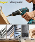 13 Piece Drill Tap Bit Set With Metric And SAE Sizes in use, drilling into wood, shown with materials like iron and aluminum.