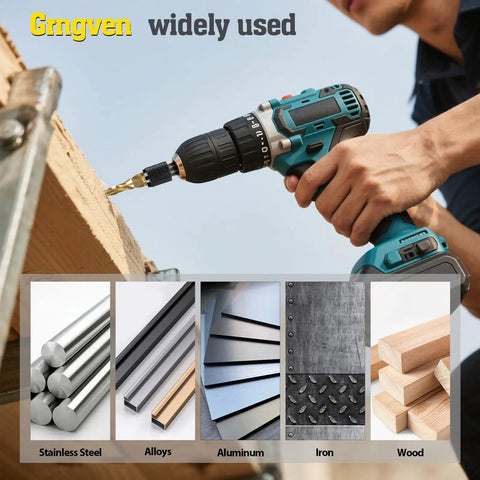 13 Piece Drill Tap Bit Set With Metric And SAE Sizes in use, drilling into wood, shown with materials like iron and aluminum.