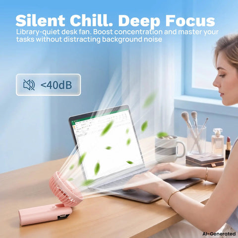 Rechargeable Handheld Fan Portable Mini Fan With 3000mAh Battery 10 Hour Runtime 180 Degree Foldable USB Travel Fan on desk by laptop