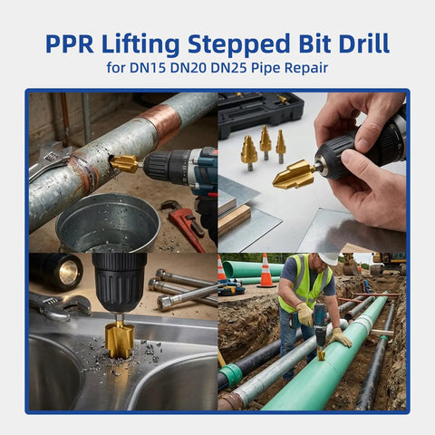 PPR Lifting Stepped Bit Drill for DN15 DN20 DN25 Pipe Repair, brass bit on PVC pipe
