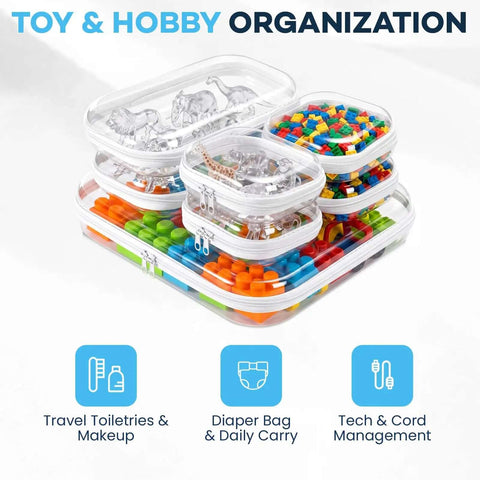 Top Tier Seven Piece Set Of Heavy Duty Hard Shell Zipper Cases Acting As Crush Proof Diaper Bag Organizers To Keep Bottle And Gear Stash Locked Tight While You Ride Out The Daily Chaos, displayed with colorful toys inside.