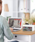 Man working at desk with white Desktop Organizer With Drawer And Multi Compartment Storage Box, office supplies on wooden desktop