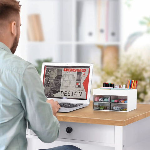 Man working at desk with white Desktop Organizer With Drawer And Multi Compartment Storage Box, office supplies on wooden desktop