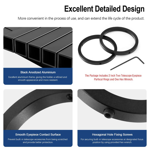 Black anodized finish of 2 Inch Telescope Eyepiece Parfocal Rings Set Of Two All Aluminum Universal Eyepiece Rings for easy swap.
