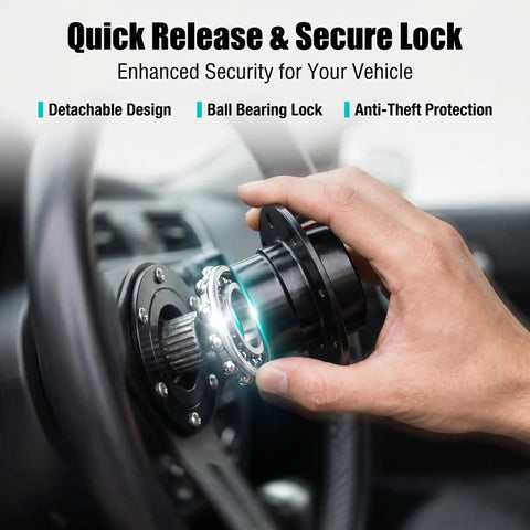 Shred The Pavement With This Universal Quick Release Steering Wheel Hub Adapter showing secure locking mechanism and detachable design.