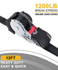 Hassle Free Self Retracting Ratchet Straps 12 Foot Automatic Quick Lock Cargo Tie Down Strap Set showing heavy duty buckle and webbing.
