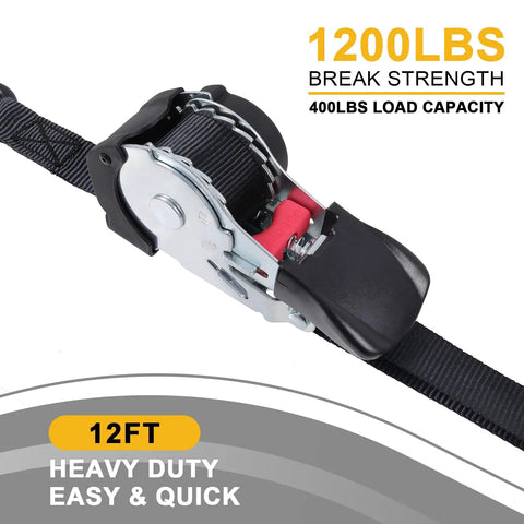 Hassle Free Self Retracting Ratchet Straps 12 Foot Automatic Quick Lock Cargo Tie Down Strap Set showing heavy duty buckle and webbing.
