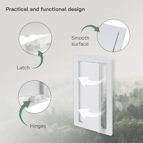 Rock Solid White Abs Plastic Access Panel With Six By Twelve Inch Cut Out For Drywall Wall And Ceiling Patch Quick Install No Sweat Fit Smooth Electrical Plumbing Hole Cover Built Tough Indoor Outdoor Choice Premium Inspection Door Replacement showing latch and hinges close-up.