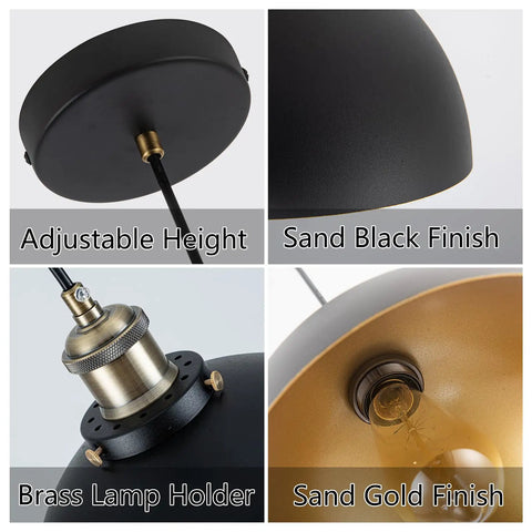 Close-up features of Mini Black Pendant Light With Gold Interior Finish 3 Pack 9.84 Inch Dome Farmhouse Style Retro Industrial Pendant Lamps.
