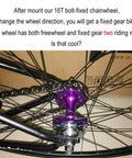 Close-up of bicycle rear wheel with purple hub and 28T Fixed Gear Bicycle Sprocket With Brake Disc Mount Big Chain Wheel For Fixed Gear Bikes